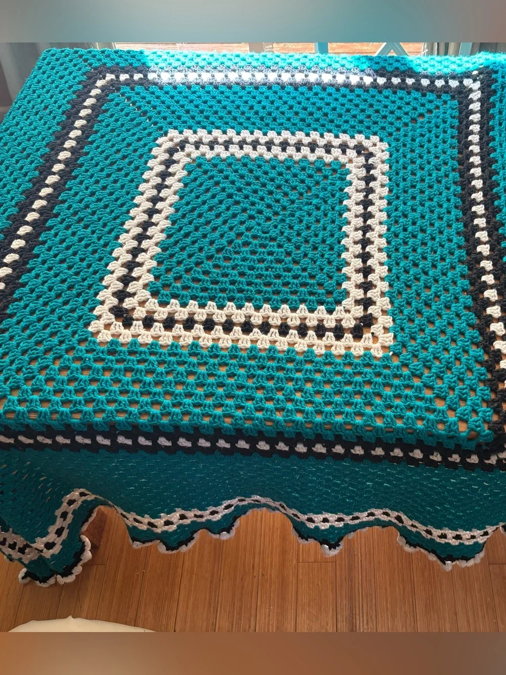 Handmade Teal Crochet Granny Square Blanket with White and Black Accent